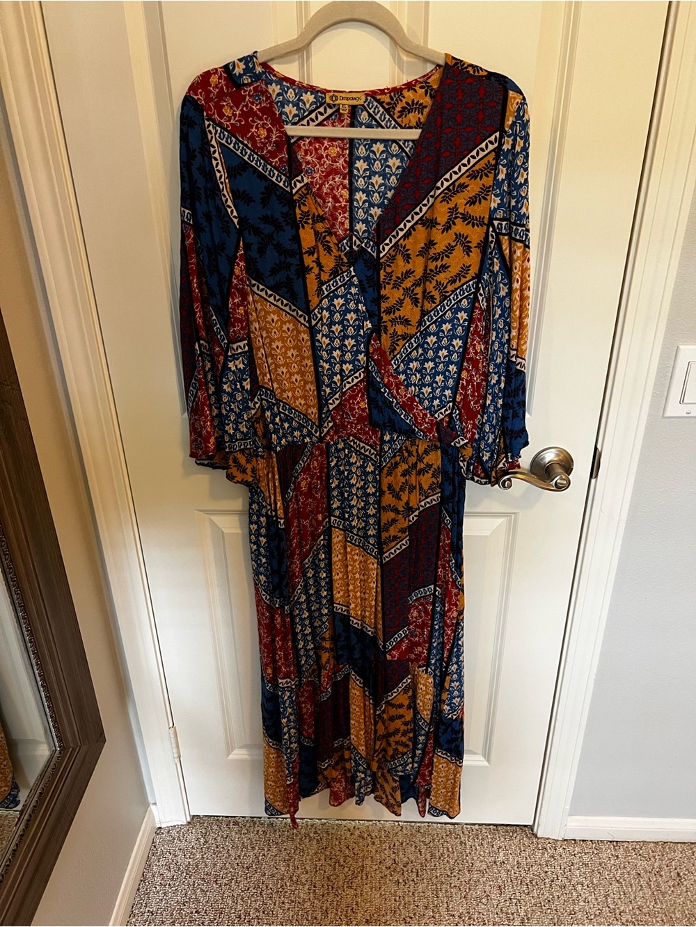 Democracy Patchwork Maxi Dress in Blue, Mustard & Red